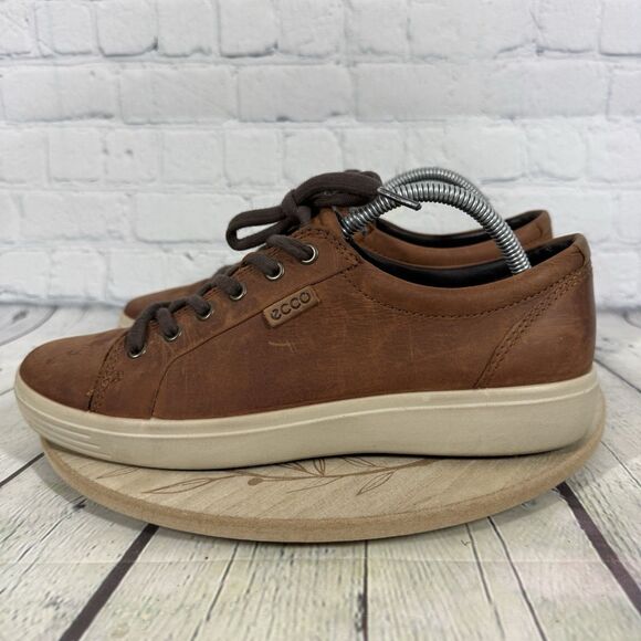 ECCO Soft 7 Mens US 8-8.5 EU 42 Brown Leather Sneakers Casual Comfort Shoes